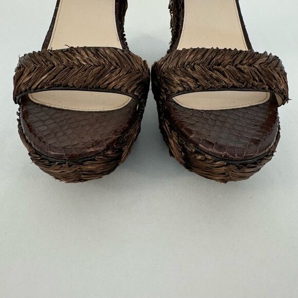 Prada Raffia Wicker Wedge Platform Sandals Dark Brown Open-Toe | IT 40 (US 10) - Picture 3 of 10